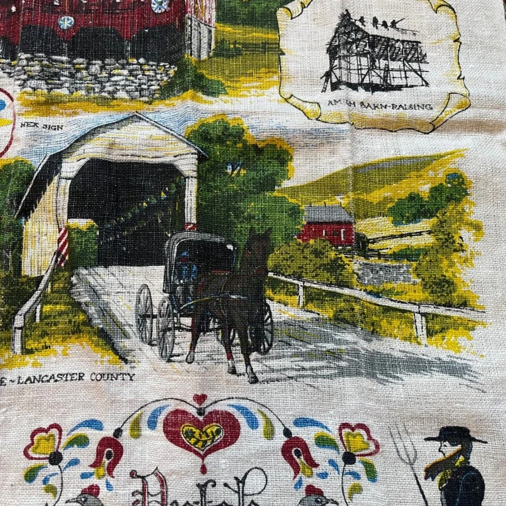 Vintage Dutch country Amish‎ Lancaster county Tea Dish Towel Calendar farm